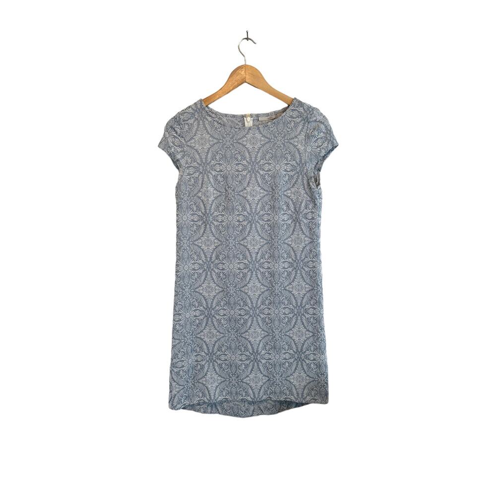 Halogen Cap Sleeve Medallion Blue White Textured Cotton Sheath Dress Size Small